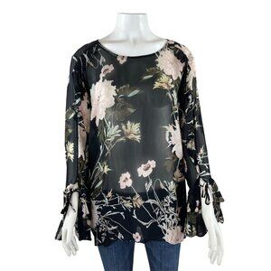 Lucky Brand Tunic Blouse Large Black Sheer Floral Ruffled Chiffon